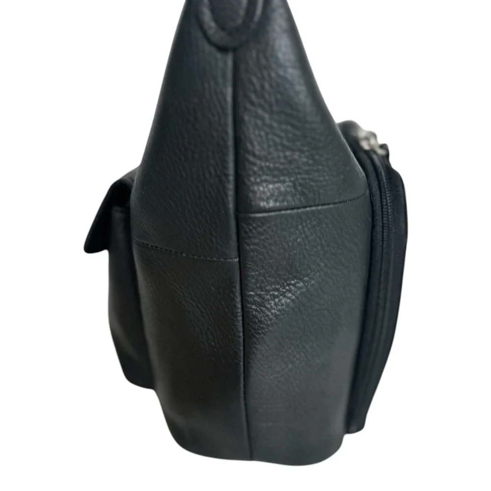 Vtg Fossil 1954 Black Pebbled Leather Hobo Organizer Shoulder Bag 75082